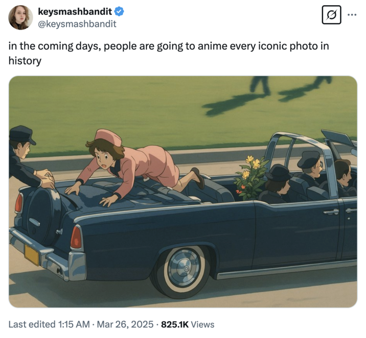 The meme is a screenshot of an animated scene from the 1995 film "Princess Mononoke" by Hayao Miyazaki. The image shows a woman, San, falling out of a carriage and being caught by a man in a horse-drawn carriage. The text above the image reads, "In the coming days, people are going to anime every iconic photo in history."